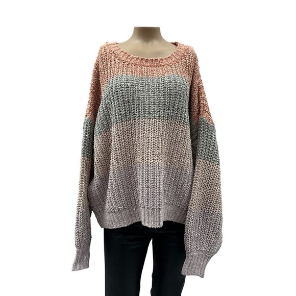 Chunky Colorblock Womens Knit Sweater Top Oversized Dolman Sleeve Pullover L - Picture 1 of 10